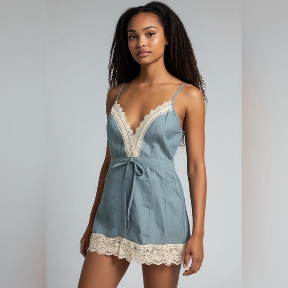 Dresses & Skirts - Dusty Blue Lace Trim Mini Dress | Adjustable Straps | Size S